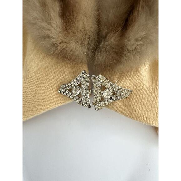 VTG 50s Women’s M 100% Cashmere Yellow Cardigan Sweater Mink FUR Collar Jeweled - Picture 6 of 14